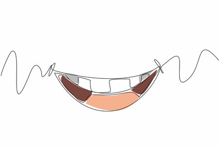 Continuous one line drawing laughing mouth showing upper teeth. Entertaining humorous stories. Spread happiness is kindness. International Day of Happiness. Single line draw design vector illustrationのイラスト素材