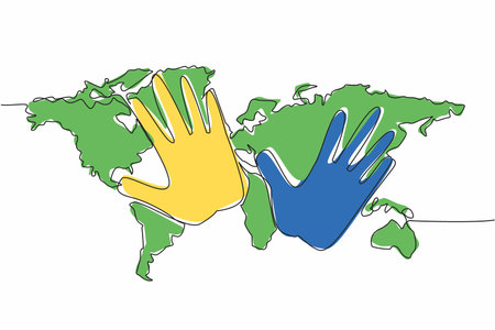 Single one line drawing yellow and blue palms with world map background. Syndrome spread throughout the world. Increase awareness. World Down Syndrome Day. Continuous line design graphic illustrationのイラスト素材