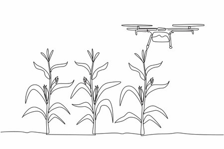 Single one line drawing agricultural drone with water tank underneath to water corn fields. Modern agriculture. High technology. National Agriculture Day. Continuous line design graphic illustrationのイラスト素材