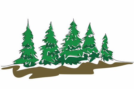 Single one line drawing many large pine trees lined up. Greening action. Reducing unnecessary carbon substances. Environment. International Day of Forests. Continuous line design graphic illustrationのイラスト素材