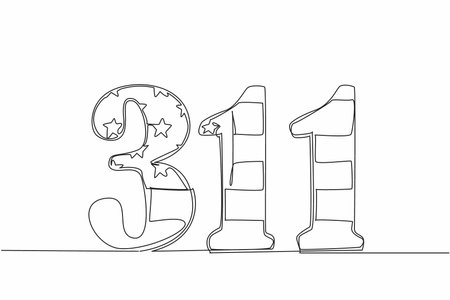 Single continuous line drawing number 311 with american flag. Allows local citizens to get the assistance they need. Get the resources and information. 311 Day. One line design vector illustrationのイラスト素材