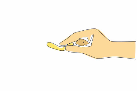 Single one line drawing hand holding crunchy cheese puff. So crispy when chewed. Made from delicious selected cheese. Tasty. National Cheese Doodle Day. Continuous line design graphic illustrationのイラスト素材