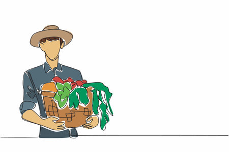 Single continuous line drawing male farmer carrying rattan basket filled with vegetables. Big fields, big harvests. For very big profit. National Agriculture Day. One line design vector illustrationのイラスト素材