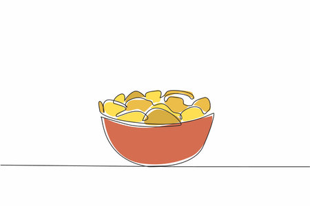 Single one line drawing delicious crispy potato chips in a glass bowl. Easy to devour. A companion for watching television shows. Tasty. National Snack Day. Continuous line design graphic illustrationのイラスト素材