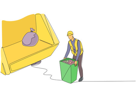 Single continuous line drawing trash man is preparing to lift the trash can into the back of the dump truck. Work with dedication. To keep the environment clean. One line design vector illustrationのイラスト素材