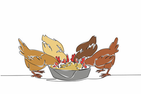 Continuous one line drawing four chickens eating animal feed from a container. Allowed to eat freely. The best feed for quality eggs. National Poultry Day. Single line draw design vector illustrationのイラスト素材