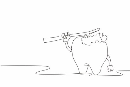 Single continuous line drawing teeth brush themselves by eating a toothbrush. A profound message. Teeth always want clean condition. Health. World Oral Health Day. One line design vector illustrationのイラスト素材