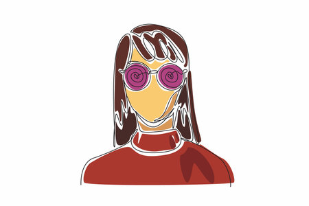 Single continuous line drawing of young beauty woman wearing fancy hypnotizing glasses. World Hypnotism Day. Method to solve problems, help in ending addiction, overcome fear, achieve goalのイラスト素材
