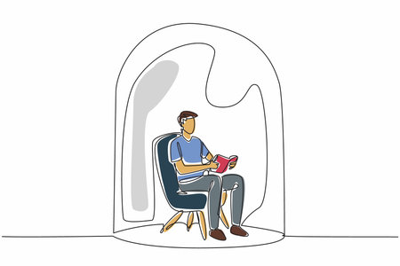 World Introvert Day. Continuous single line draw of young lonely man reading book while sitting on sofa chair inside glass dome. Loneliness guy looking for peace. Psychological problems, mental healthのイラスト素材