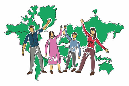 One continuous line drawing of cheerful family, mom, dad, son, daughter standing happily and rising their hands. Big world map on the wall behind. Global Family Day. International annual eventのイラスト素材