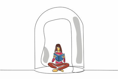 One single line drawing of young solitude woman siting on the floor while reading history book inside glass dome. Happy being lonely. Psychological character. World Introvert Day. Event celebrationのイラスト素材