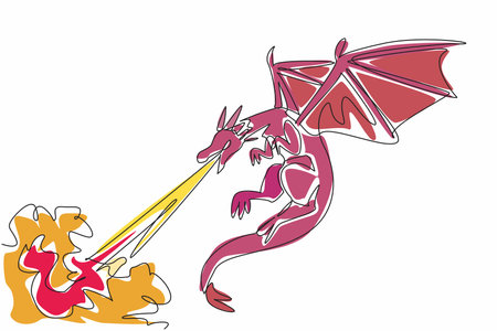 Appreciate a Dragon Day. One single line drawing of fire breathing and flying fairytale dragon. Chinese folklore about monster creature with tail and wings. Medieval fantasy and mythology giant beastのイラスト素材