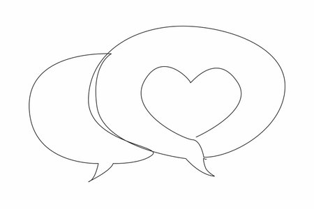 Single continuous line drawing two stacked callouts, one of which has a heart symbol. Expression of feelings. Praise. Affection. Love. National Screenwriters Day. One line design vector illustrationのイラスト素材