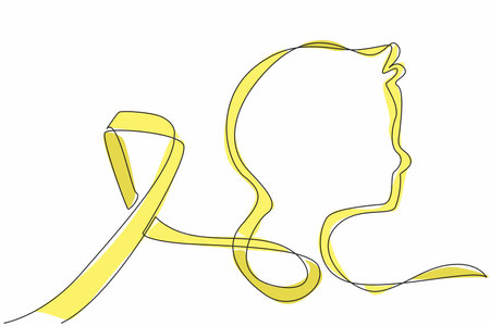 Continuous one line drawing the silhouette of a face formed by ribbon. Idea of unity and collective strength. Campaign. International Childhood Cancer Day. Single line draw design vector illustrationのイラスト素材