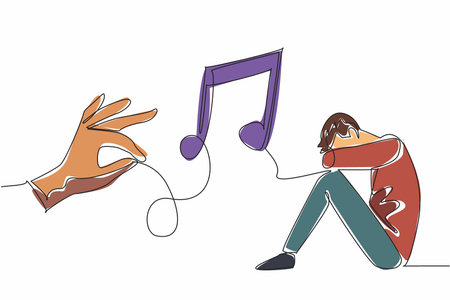 Continuous one line drawing man crouching on the floor covering his face. A melody of healing. Reminder of healing power of music. World Music Therapy Day. Single line draw design vector illustrationのイラスト素材