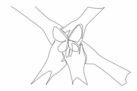 Single continuous line drawing five hands with different skin colors stacked on top of each other. Metaphor interconnectedness of humanity. Zero Discrimination Day. One line design vector illustrationのイラスト素材