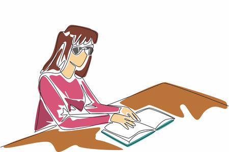 World Braille Day. Continuous line drawing of beauty woman try to read braille language from book. Sit in public library to learn reading ability.のイラスト素材