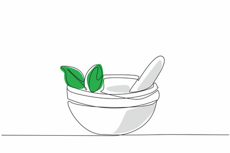 National Pharmacist Day. Single continuous line drawing of mortar and pestle with organic leaf inside. Traditional herbal medicine concept. Natural healthcare treatment. One line draw vector artworkのイラスト素材