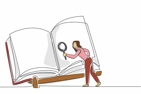 Single continuous line drawing of young curious beauty woman searching important information from big size book with magnifying glass. One line draw vector graphic art. Happy National Thesaurus Dayのイラスト素材