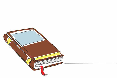 National Thesaurus Day. Single continuous line drawing of thick fairytale story book with a ribbon bookmark. Legendary folklore story concept. One line draw graphic design art vector illustrationのイラスト素材