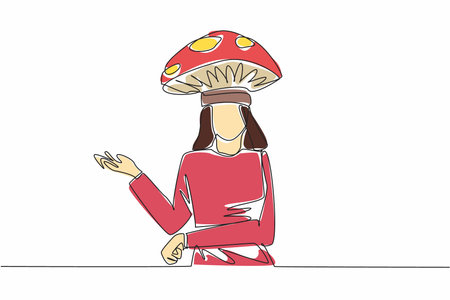 National Hat Day. Single continuous line drawing of young beauty attractive woman wearing funny cushion hat of mushroom plant. Unique and fun fashion concept. One line draw vector illustration artworkのイラスト素材