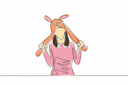 One single line drawing of young cute beauty girl wearing funny adorable rabbit animal character hat. Cap from quality fluffy fabric material. National Hat Dayのイラスト素材