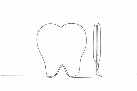 Single one line drawing a tooth and a thermometer side by side. The potential for oral infections to cause fever. Dental health. National Toothache Day. Continuous line design graphic illustrationのイラスト素材