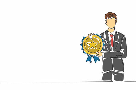 Continuous one line drawing man in blazer and tie holding medal emblem. Very successful. Very prestigious career level. Award. Employee Appreciation Day. Single line draw design vector illustrationのイラスト素材