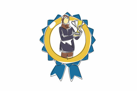 Continuous one line drawing Arab woman holding trophy. Triumphant pose. Determination. Achievements. Resilience of human spirit. Employee Appreciation Day. Single line draw design vector illustrationのイラスト素材