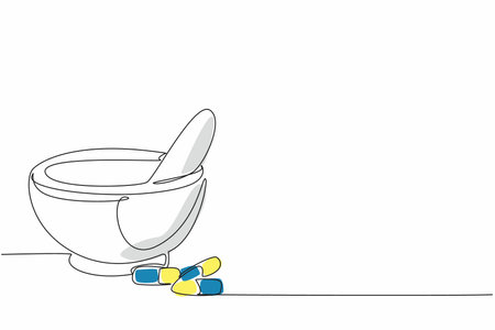 National Pharmacist Day. One single line drawing of ceramic mortar, pestle, and capsule. Grind pill medicine into new formula. Medical healthcare treatment concept. Vector line graphic design artのイラスト素材