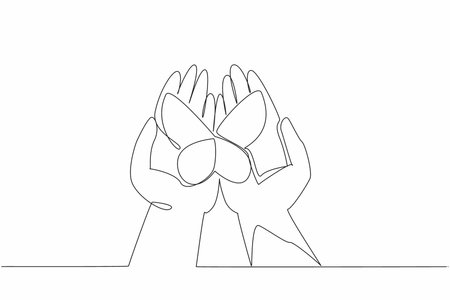 Single continuous line drawing butterflies perched on two open palms. Rolling out new hope. Openness to welcome differences. Regeneration. Zero Discrimination Day. One line design vector illustrationのイラスト素材