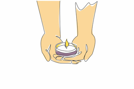 Single one line drawing two hands holding a lit candles. Offer hope. Provide enlightenment. Instruction. A calming fragrance. Aromatic. World Candle Day. Continuous line design graphic illustrationのイラスト素材