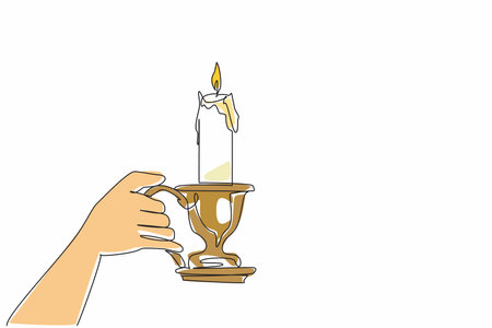 Single one line drawing hand holding candlestick with a lit candle. Share light and warmth. The only source of light in the darkness. World Candle Day. Continuous line design graphic illustrationのイラスト素材