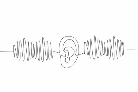 Single one line drawing ear in middle of the equalizer graph. Adjust the sound balance. Bass. Treble. More beautiful to hear. Equalize. World Hearing Day. Continuous line design graphic illustrationのイラスト素材