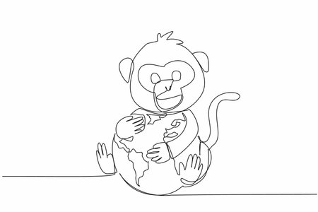 Continuous one line drawing cute monkey hugging globe. Protect from extinction. Make cultural heritage eternal with its life. Habitat. World Wildlife Day. Single line draw design vector illustrationのイラスト素材