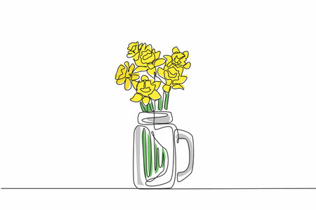 Single continuous line drawing several stalks of daffodil flowers in glass vase shaped like mug. Keep from wilting. Herbal plants have many benefits. Daffodil day. One line design vector illustrationのイラスト素材