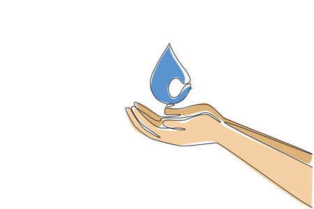 Single continuous line drawing palms catch the water droplets. Water drops mark the end of the dry season. Abundant water. Increase gratitude. World Water Day. One line design vector illustrationのイラスト素材