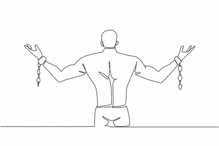 Single one line drawing a muscular man spreads his arms which are bound with broken chains. Free. Independent. Escape. Inhumane slavery. Bondage. Rights. Continuous line design graphic illustrationのイラスト素材