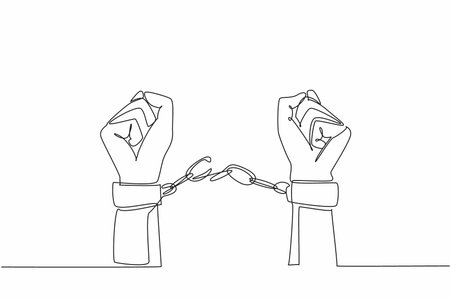 Single continuous line drawing hands free from shackles. Fight against injustice. Restore the dignity of victims. Put up resistance. Sue human rights violators. One line design vector illustrationのイラスト素材