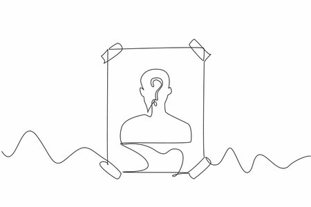 Single continuous line drawing the wanted people poster stuck on the wall. Odd. Strange. Curious. Staff member disappears without a trace. Seeking justice. Rights. One line design vector illustrationのイラスト素材