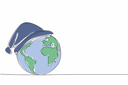 Single continuous line drawing globe wearing a sleeping cap. Imagination. Symbolization. The tired earth. Let the earth stop working for a moment. Earth Hour Day. One line design vector illustrationのイラスト素材