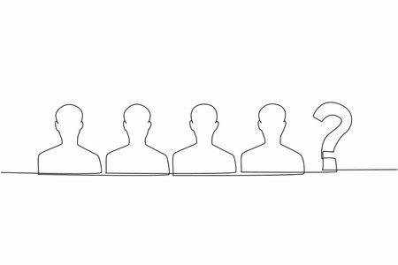 Single continuous line drawing four silhouettes of people and one question mark. Missing staff. Missing member. Missing family. Disappeared and not yet found. One line design vector illustrationのイラスト素材