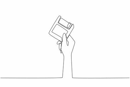 Single one line drawing hand holding a floppy disk. Ancient storage technology. Small storage size. Easily infected by viruses. Diskette. World Backup Day. Continuous line design graphic illustrationのイラスト素材