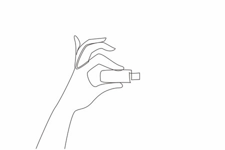 Single continuous line drawing hand is holding a flash drive. Has the largest storage media up to 1TB. Small things with many benefits. National Flash Drive Day. One line design vector illustrationのイラスト素材