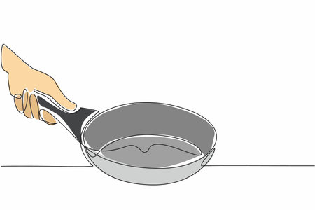 Single one line drawing hand holding a teflon pan. The best quality of a frying pan. Quick cooking. Very easy to clean. Non-stick. National Teflon Day. Continuous line design graphic illustrationのイラスト素材