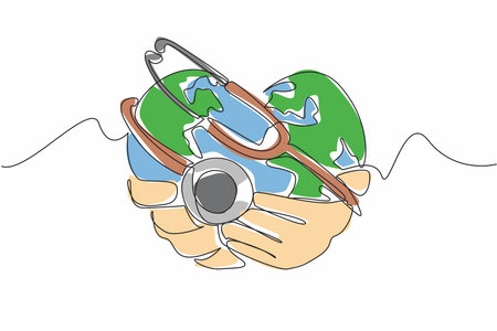 Single continuous line drawing stethoscope worn on a heart-shaped globe. Health is pleasure. Healthy earth, healthy society. Health gift. Symbol. World Health Day. One line design vector illustrationのイラスト素材