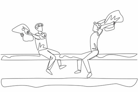 Single one line drawing 2 adult men sitting on large log underneath pool holding pillows. Contest. The wet one is the loser. International Pillow Fight Day. Continuous line design graphic illustrationのイラスト素材