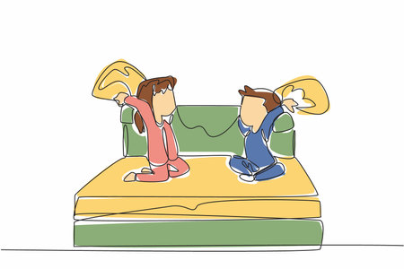 Single one line drawing boy and girl in pajamas sitting on the bed hold a pillow. Activities before going to bed at night. International Pillow Fight Day. Continuous line design graphic illustrationのイラスト素材