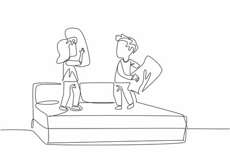 Continuous one line drawing boy girl wear pajamas standing on bed hold pillow. Energy drain. Jokingly attacking each other. International Pillow Fight Day. Single line draw design vector illustrationのイラスト素材