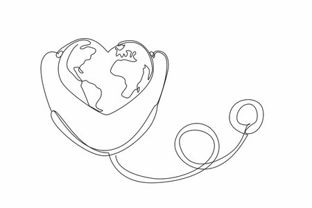 Single continuous line drawing stethoscope worn on heart-shaped globe. Global health. A healthy earth provides the best quality for all creatures. World Health Day. One line design vector illustrationのイラスト素材